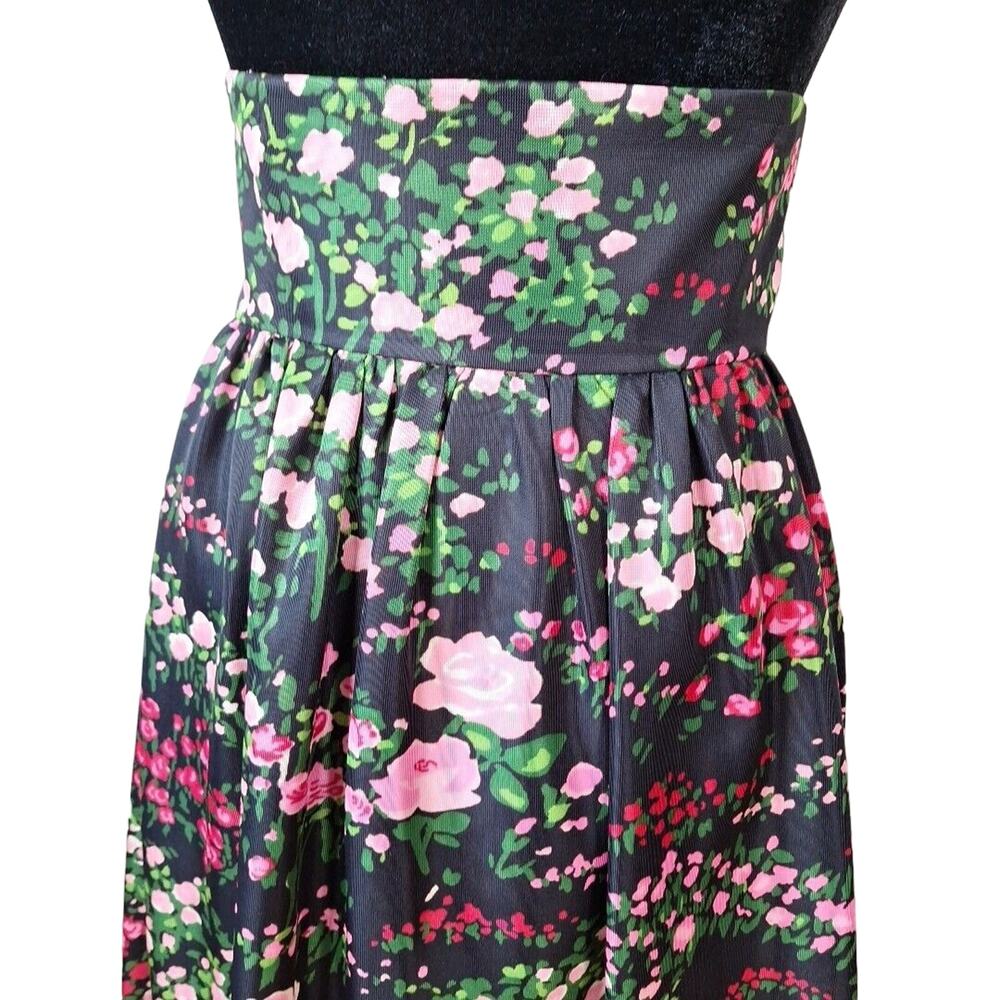 Vintage 70s High Waist Black Pink Rose Floral Maxi Skirt Mod Hippie Size Small - Picture 2 of 12